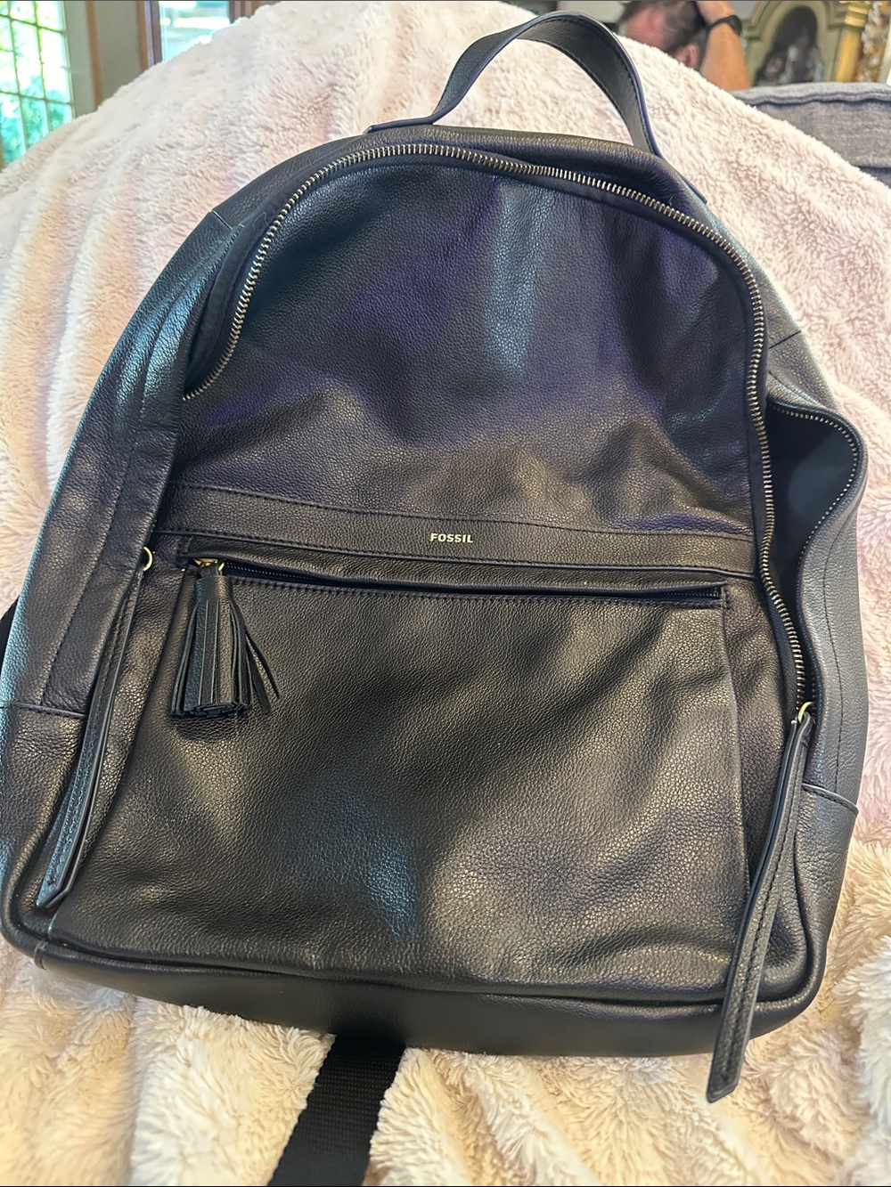 Fossil Black Leather Backpack with Tassel Zip Pocket